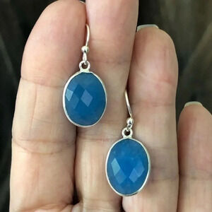 Cobalt Chalcedony Beveled Oval 925 Sterling Silver Handmade Earrings NWT